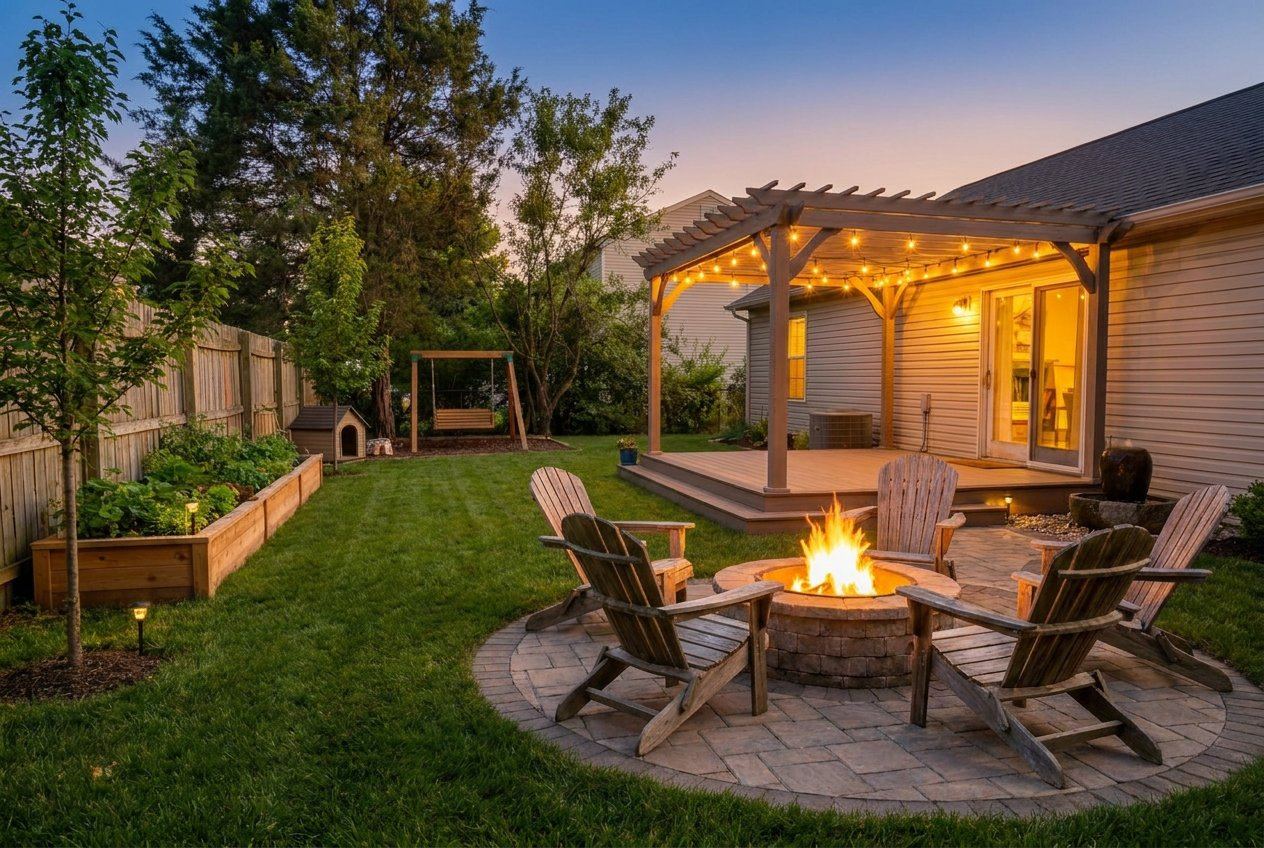 The same design at dusk, with string lights on and the fire pit lit