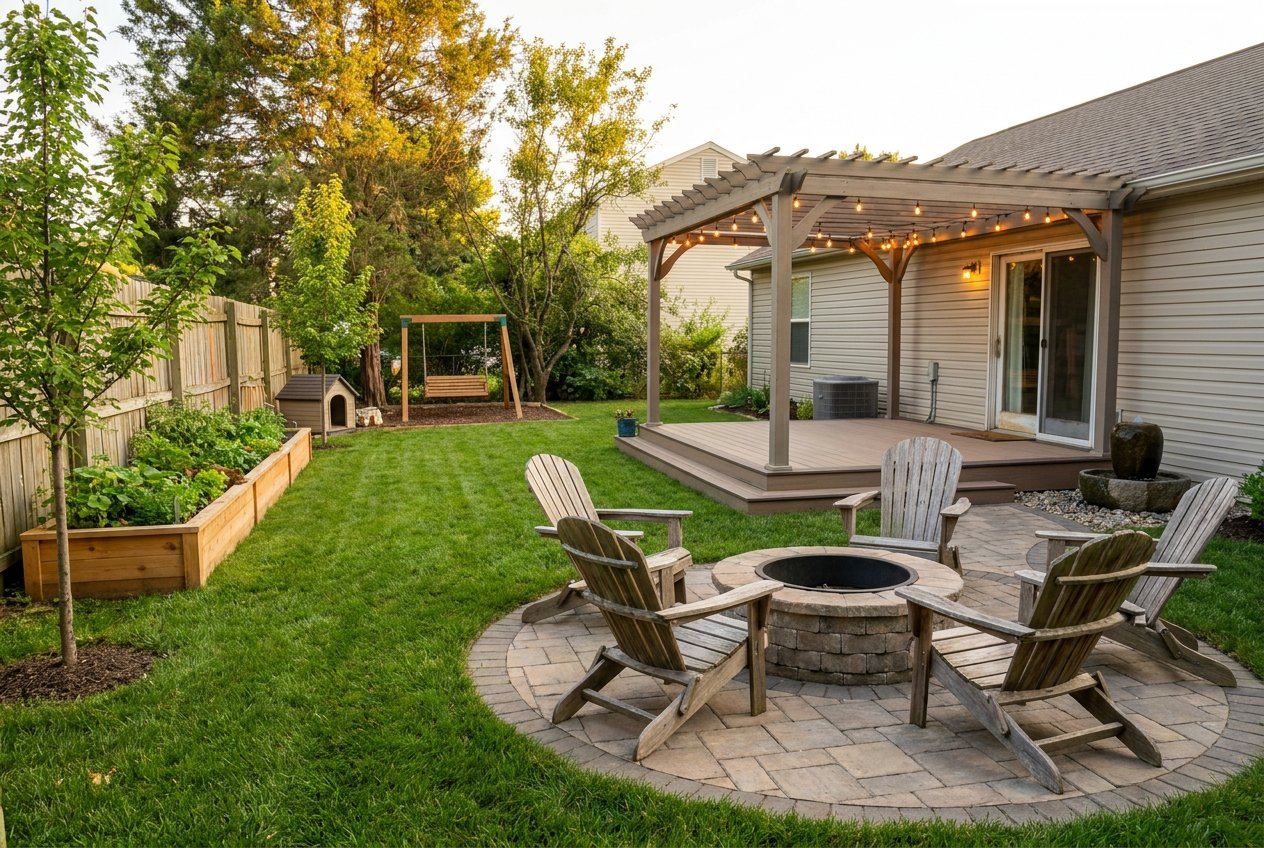 The YardPreview design we chose, with a pergola deck, round paver patio, fire pit and raised vegetable bed