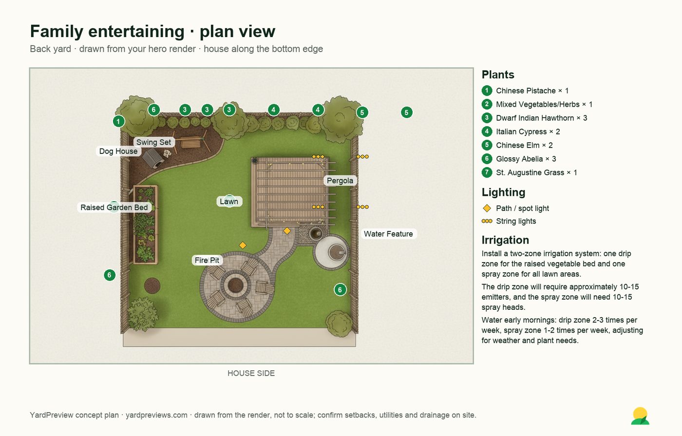 The plan view for the design: a top-down drawing of the yard with numbered plants, the pergola, fire pit, raised bed, swing set, dog house and lights, plus the plant list and irrigation notes