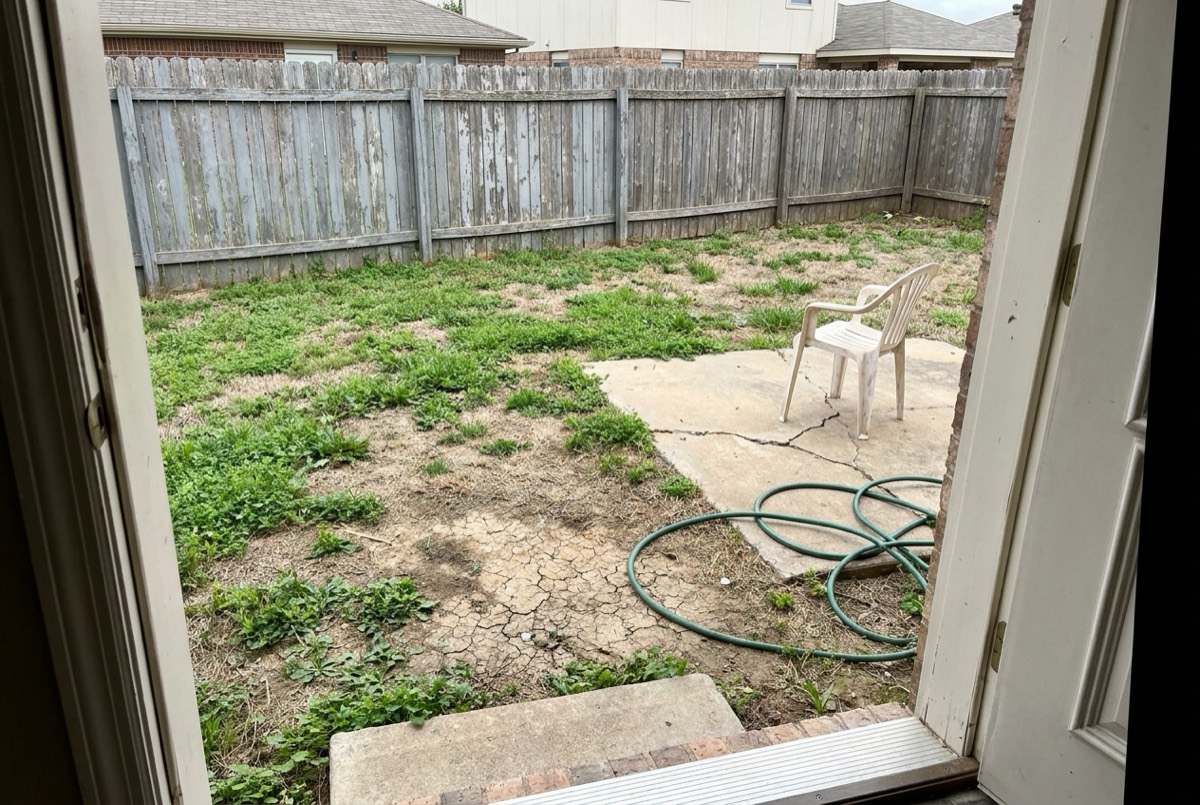 Plain backyard with patchy lawn, a cracked concrete slab and a wooden fence