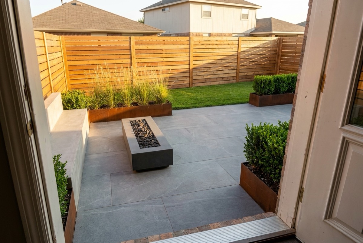 The same backyard redesigned with porcelain pavers, a linear fire pit and corten planters